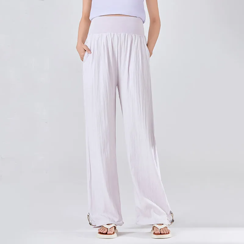Buddha Stones Casual Plain Loose High elastic belly support Women's Viscose Wide Leg Pants With Pockets