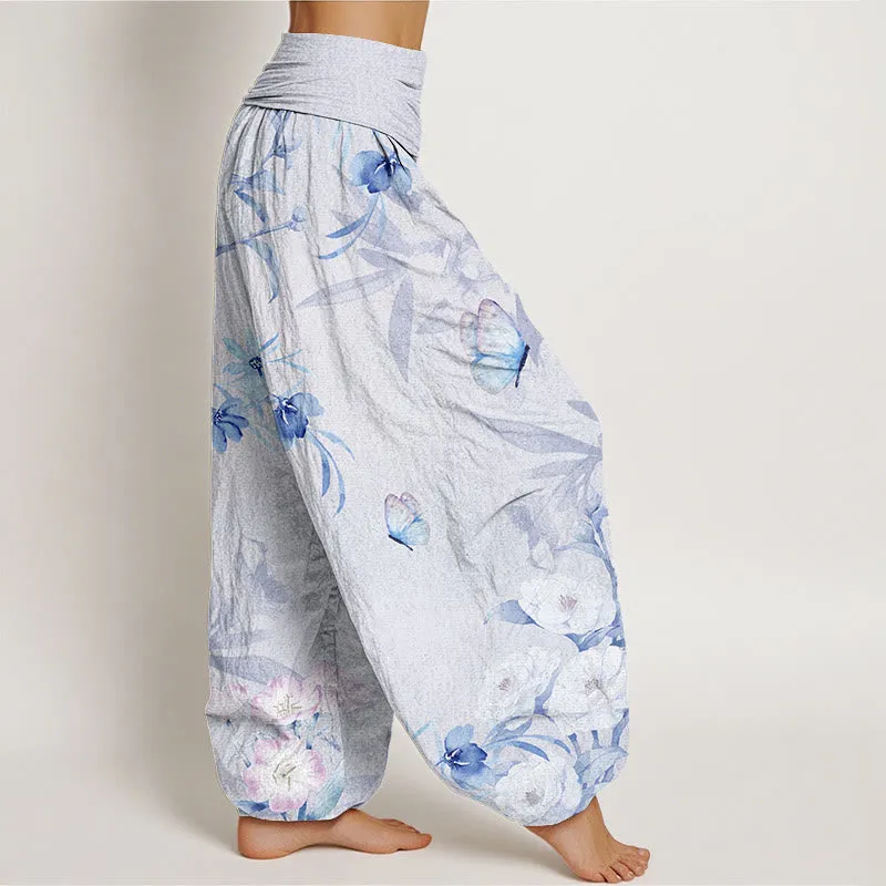 Buddha Stones Cherry Blossoms Hibiscus Butterfly Women's Elastic Waist Harem Pants