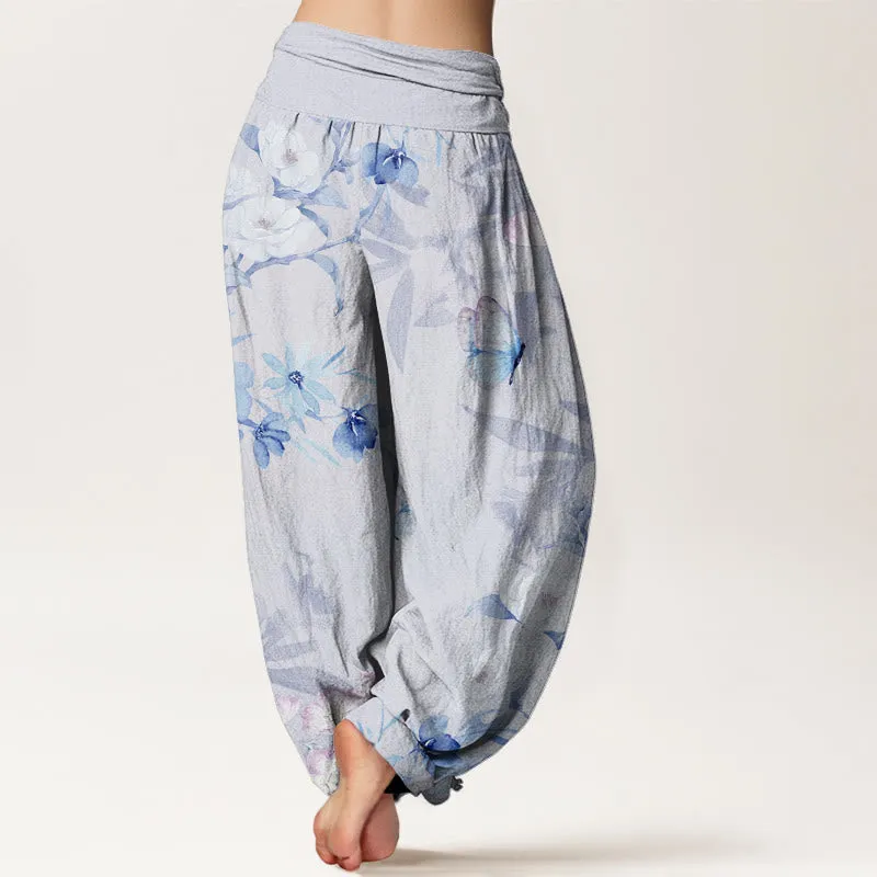 Buddha Stones Cherry Blossoms Hibiscus Butterfly Women's Elastic Waist Harem Pants
