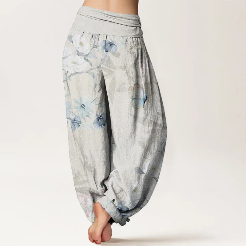 Buddha Stones Cherry Blossoms Hibiscus Butterfly Women's Elastic Waist Harem Pants