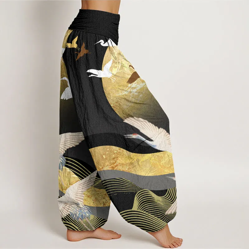Buddha Stones Crane Sun Wave Pattern Women's Elastic Waist Harem Pants