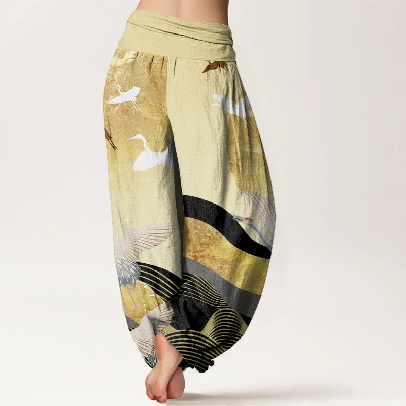 Buddha Stones Crane Sun Wave Pattern Women's Elastic Waist Harem Pants