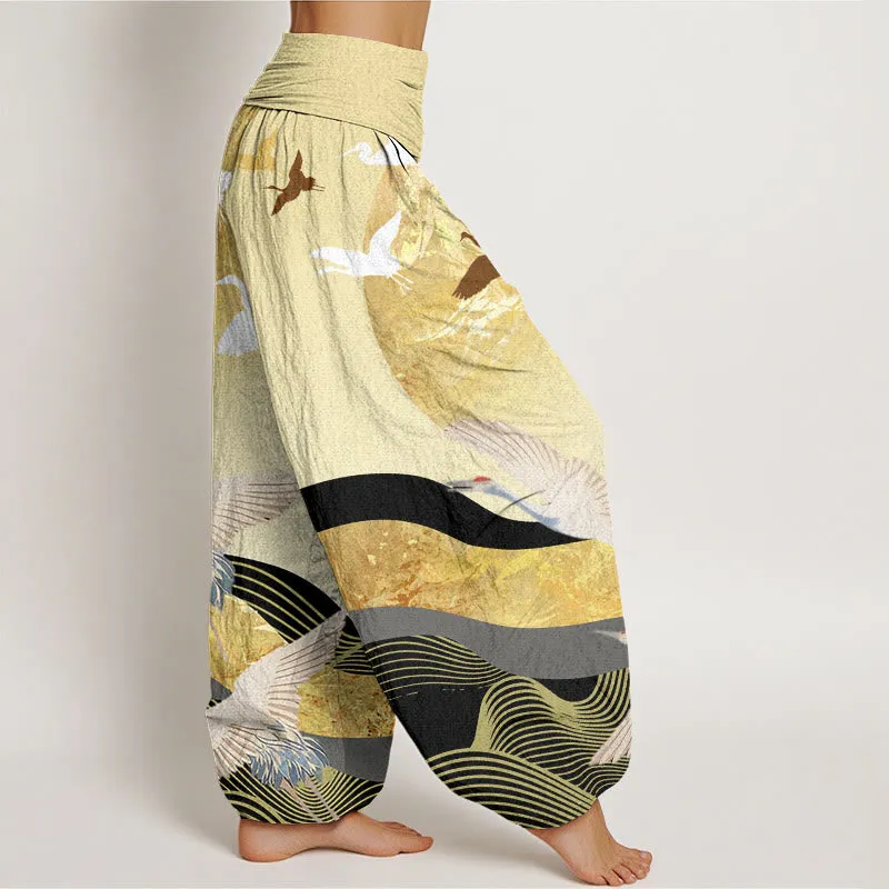 Buddha Stones Crane Sun Wave Pattern Women's Elastic Waist Harem Pants