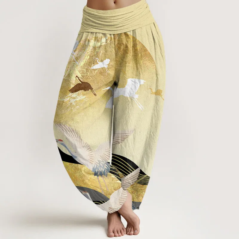 Buddha Stones Crane Sun Wave Pattern Women's Elastic Waist Harem Pants