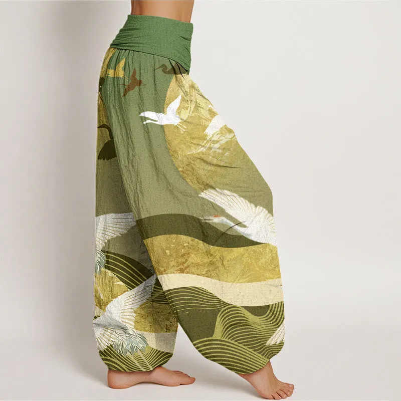 Buddha Stones Crane Sun Wave Pattern Women's Elastic Waist Harem Pants