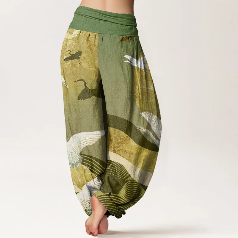 Buddha Stones Crane Sun Wave Pattern Women's Elastic Waist Harem Pants