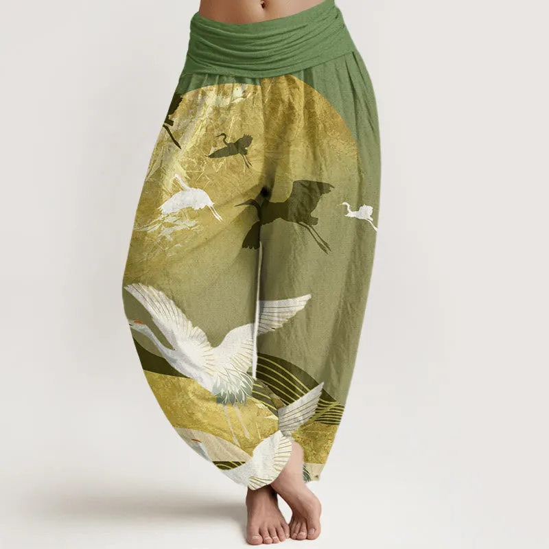 Buddha Stones Crane Sun Wave Pattern Women's Elastic Waist Harem Pants