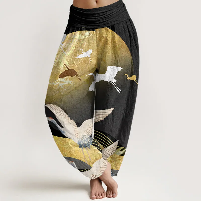 Buddha Stones Crane Sun Wave Pattern Women's Elastic Waist Harem Pants