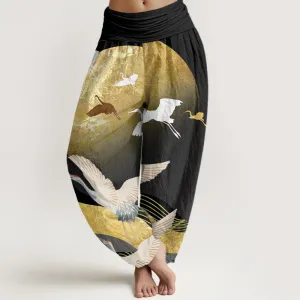 Buddha Stones Crane Sun Wave Pattern Women's Elastic Waist Harem Pants