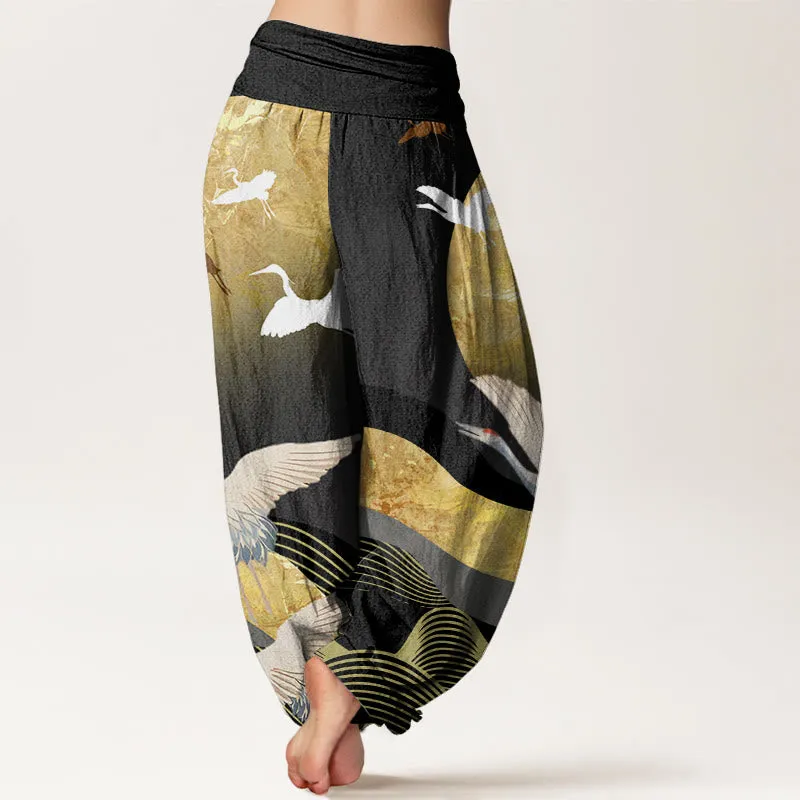 Buddha Stones Crane Sun Wave Pattern Women's Elastic Waist Harem Pants