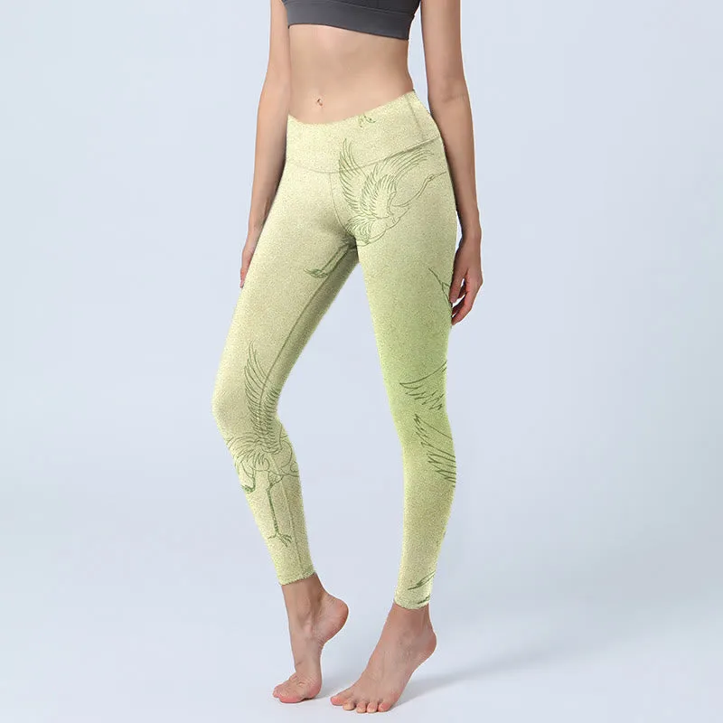 Buddha Stones Light Yellow Crane Print Sports Leggings Women's Yoga Pants
