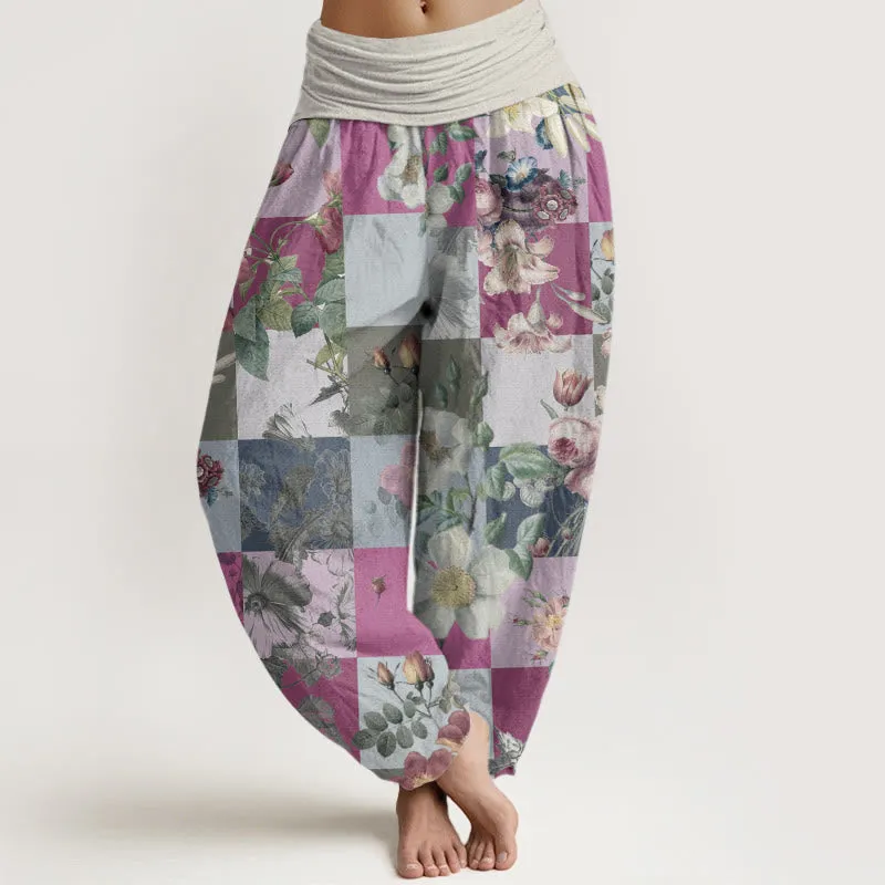 Buddha Stones Square Various Floral Design Women's Elastic Waist Harem Pants