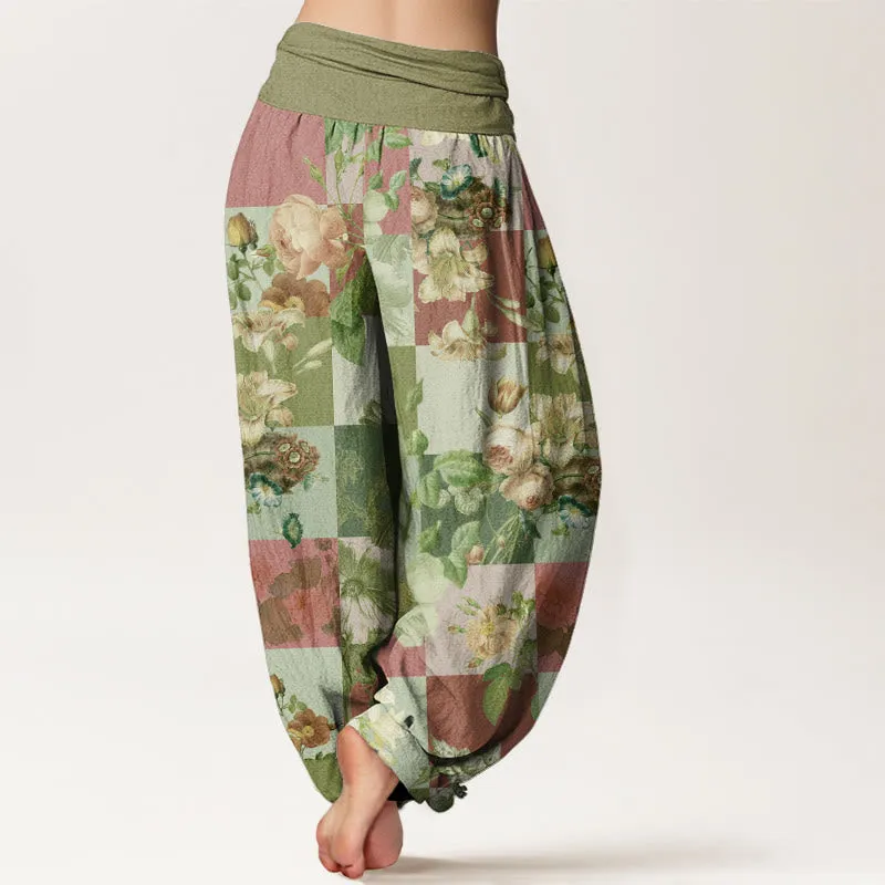 Buddha Stones Square Various Floral Design Women's Elastic Waist Harem Pants