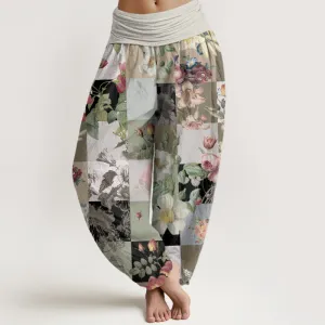 Buddha Stones Square Various Floral Design Women's Elastic Waist Harem Pants