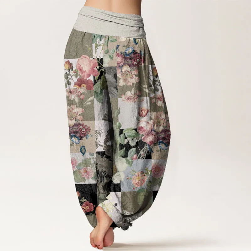 Buddha Stones Square Various Floral Design Women's Elastic Waist Harem Pants
