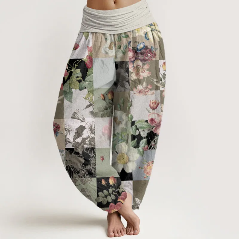 Buddha Stones Square Various Floral Design Women's Elastic Waist Harem Pants
