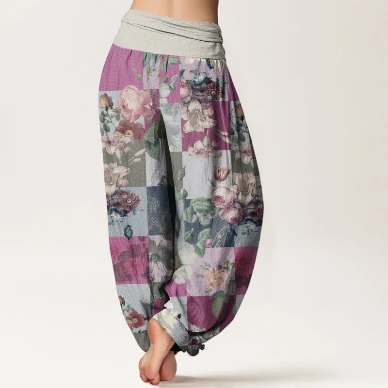 Buddha Stones Square Various Floral Design Women's Elastic Waist Harem Pants
