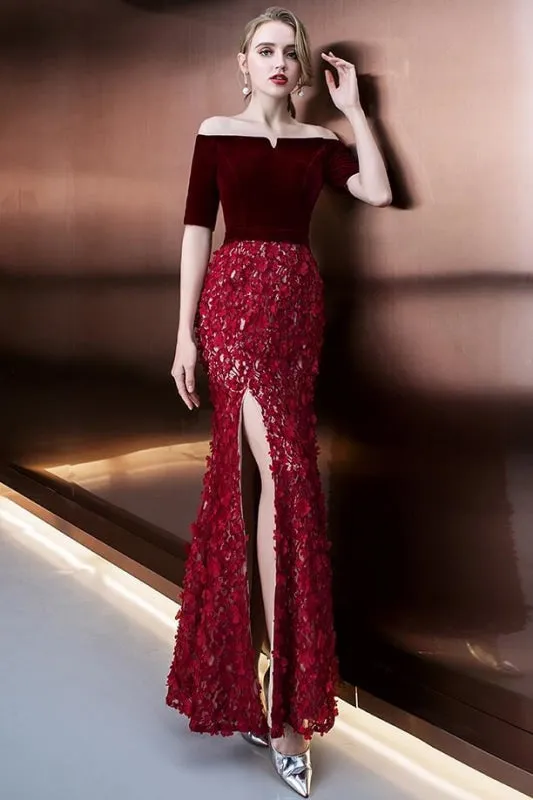 Burgundy Off Shoulder Half Sleeve Long Evening with Side Slit Mermaid Prom Dress