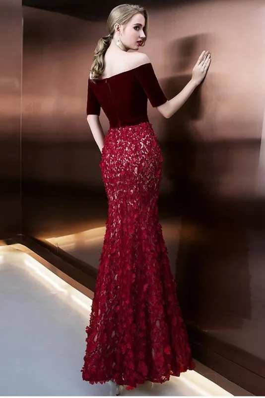 Burgundy Off Shoulder Half Sleeve Long Evening with Side Slit Mermaid Prom Dress