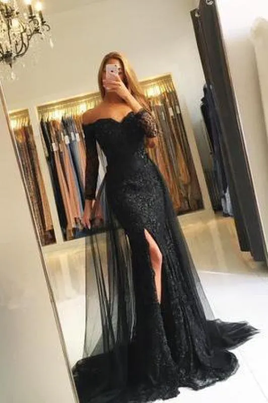 Burgundy Off-the-shoulder 3/4 Sleeves Split Tulle Prom Dress Long Formal Gown