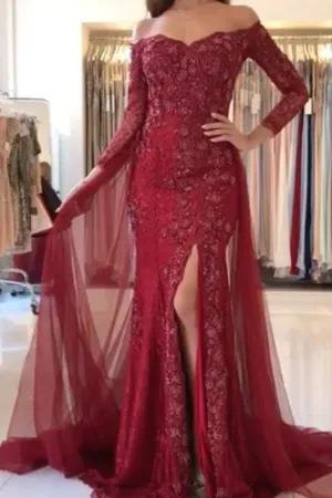 Burgundy Off-the-shoulder 3/4 Sleeves Split Tulle Prom Dresses Long Formal Gown