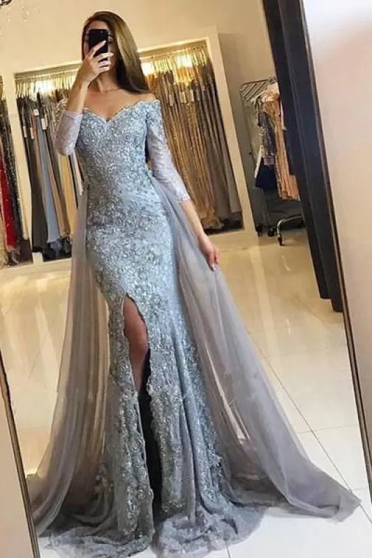 Burgundy Off-the-shoulder 3/4 Sleeves Split Tulle Prom Dresses Long Formal Gown