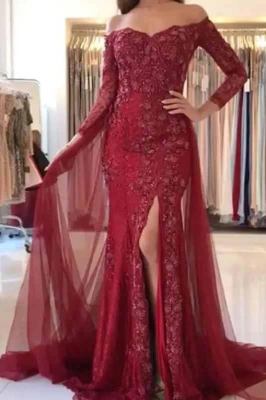 Burgundy Off-the-shoulder 3/4 Sleeves Split Tulle Prom Dresses Long Formal Gown
