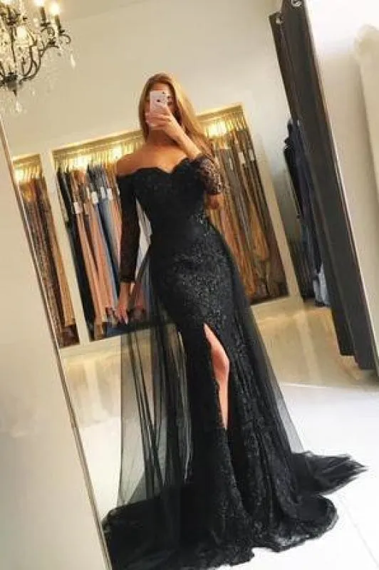 Burgundy Off-the-shoulder 3/4 Sleeves Split Tulle Prom Dresses Long Formal Gown