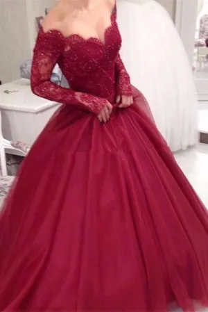 Burgundy Off the Shoulder Sleeve Applique Tulle Evening Long Prom Dress