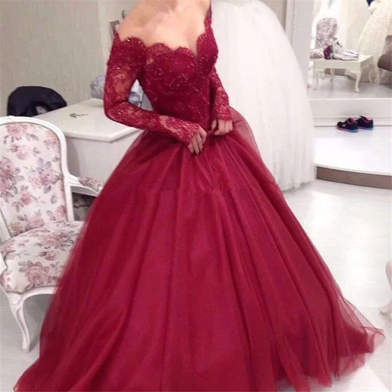 Burgundy Off the Shoulder Sleeve Applique Tulle Evening Long Prom Dress