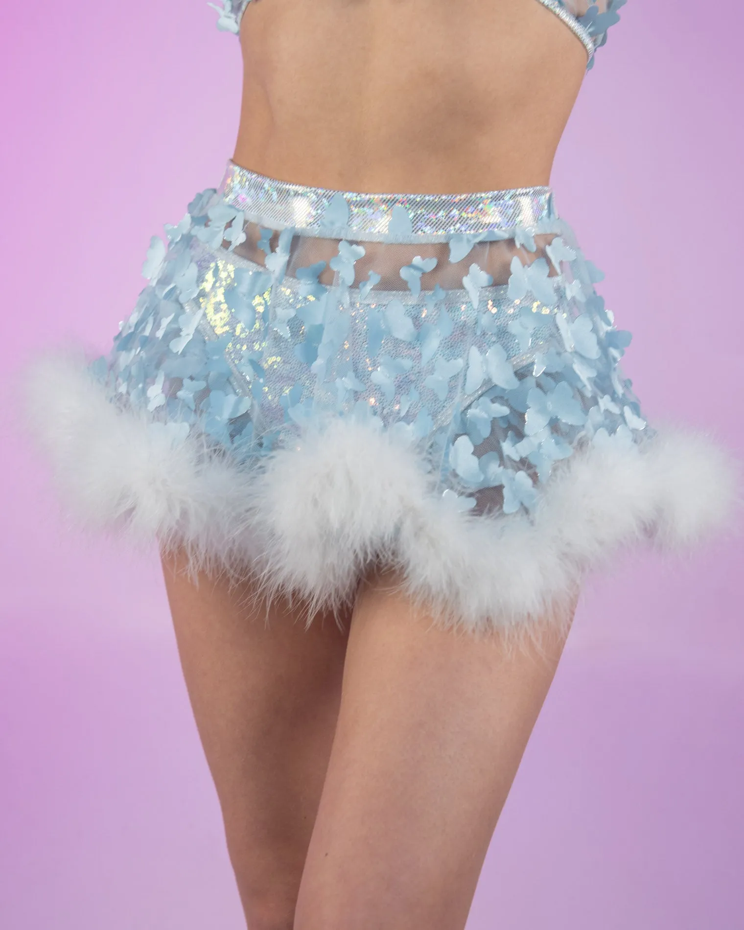 Butterfly Oasis Blue and White Sheer Skirt with Marabou Trim