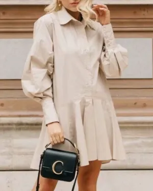 Button Pleated Splicing Folds Shirts Mini Dresses