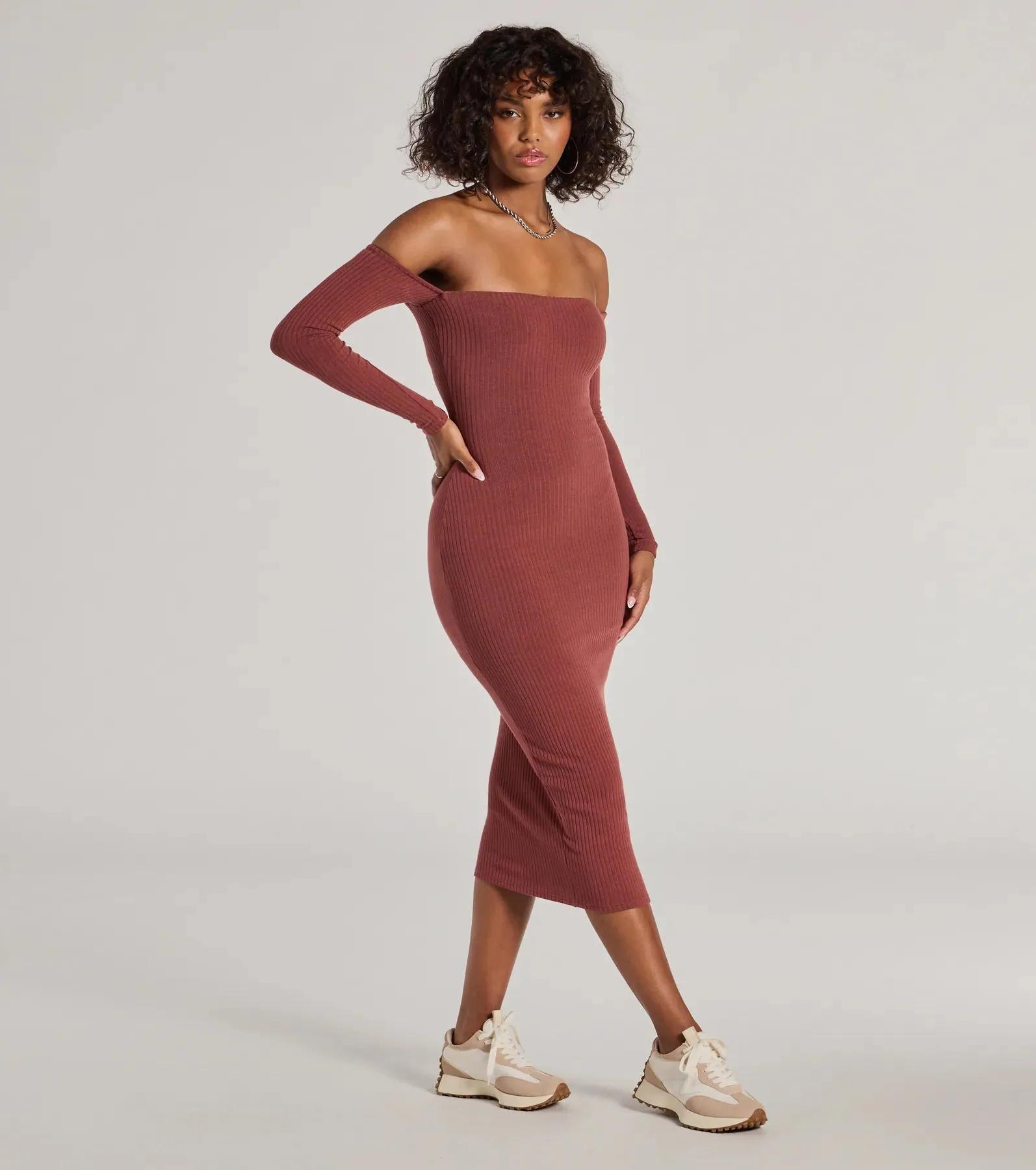 Carefree Chic Long Sleeve Ribbed Knit Midi Dress
