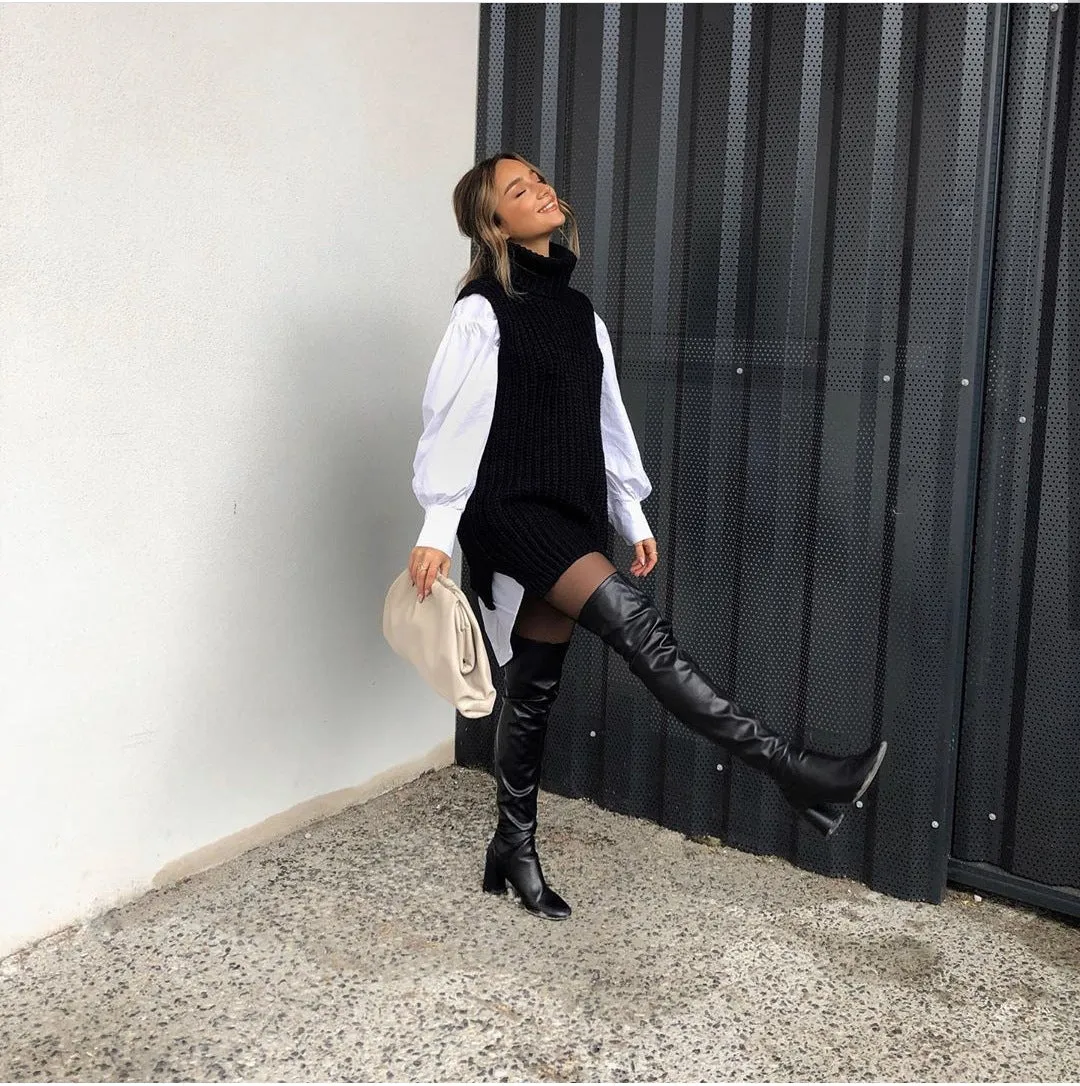 Casual Pile Collar High-collared Sweaters Mini Dresses
