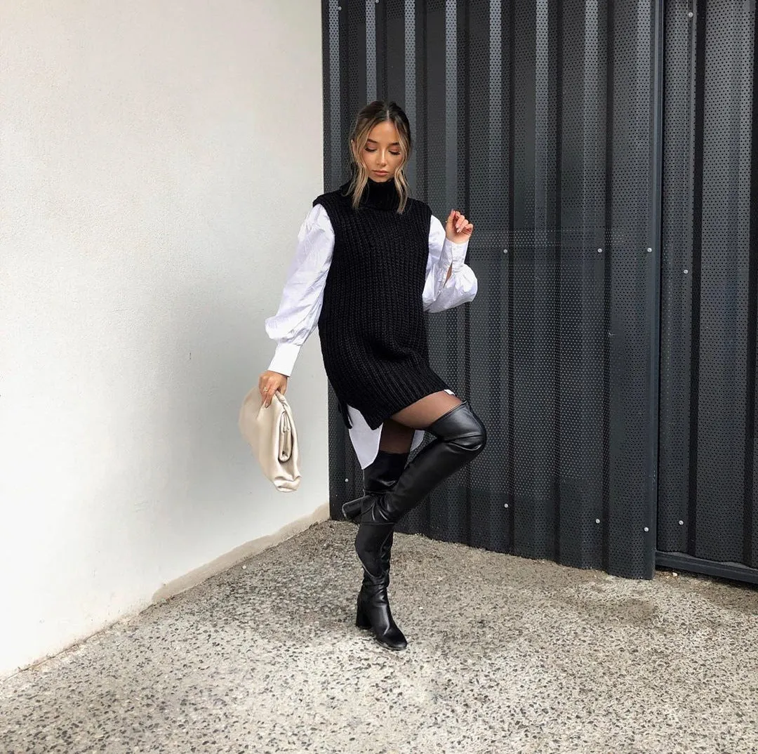 Casual Pile Collar High-collared Sweaters Mini Dresses