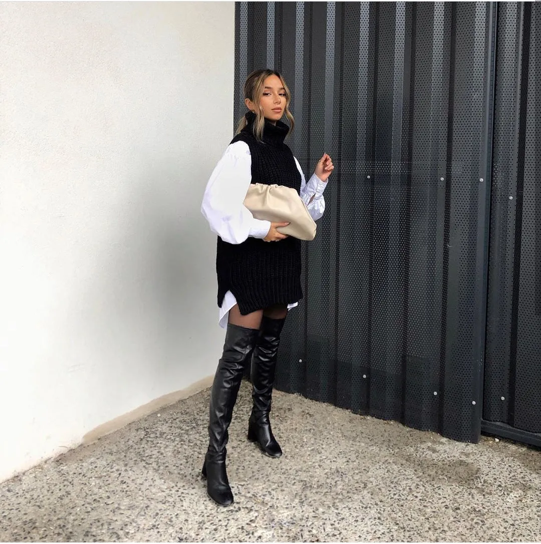 Casual Pile Collar High-collared Sweaters Mini Dresses