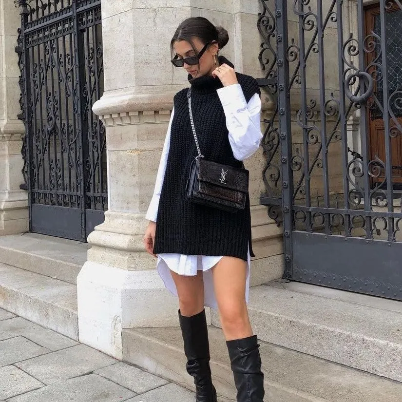 Casual Pile Collar High-collared Sweaters Mini Dresses