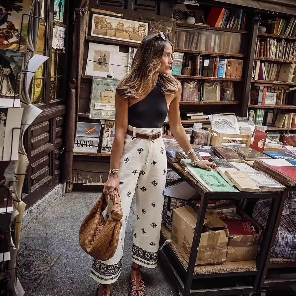 Casual Print Linen High Waist Pants Women
