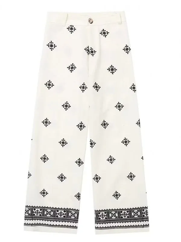 Casual Print Linen High Waist Pants Women