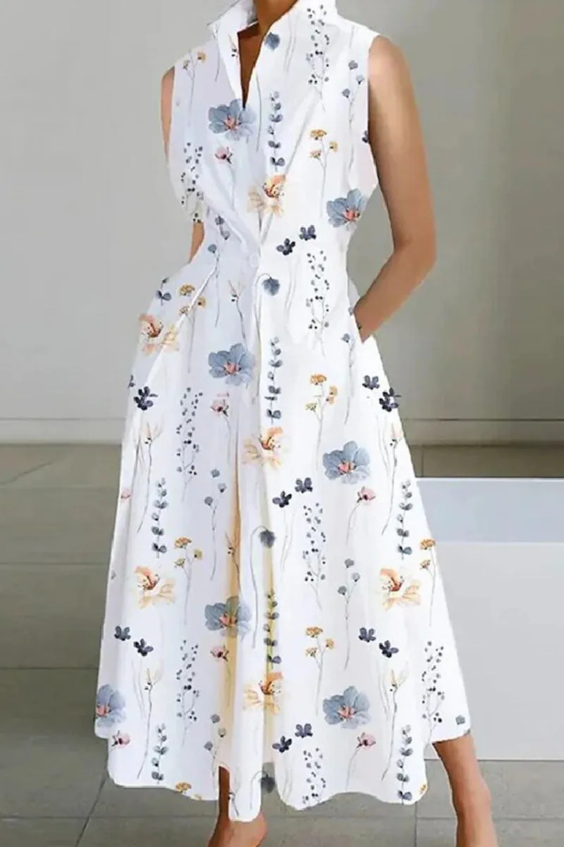 Casual Print Patchwork Buttons Fold Mandarin Collar A Line Dresses