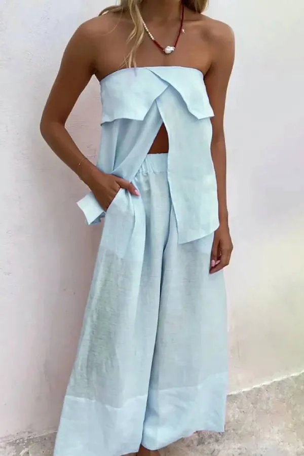 Casual Solid Color Strapless Split Top & Pants Two-Piece Set