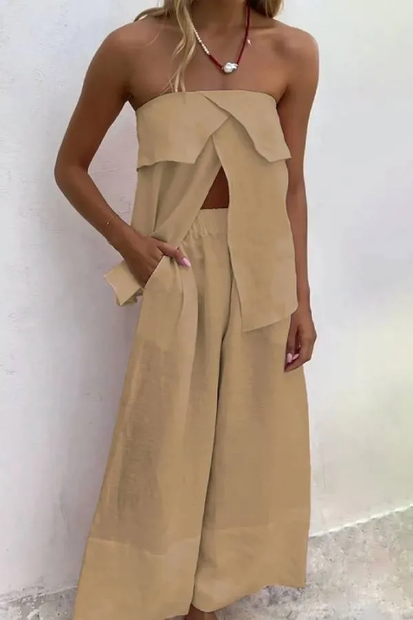 Casual Solid Color Strapless Split Top & Pants Two-Piece Set
