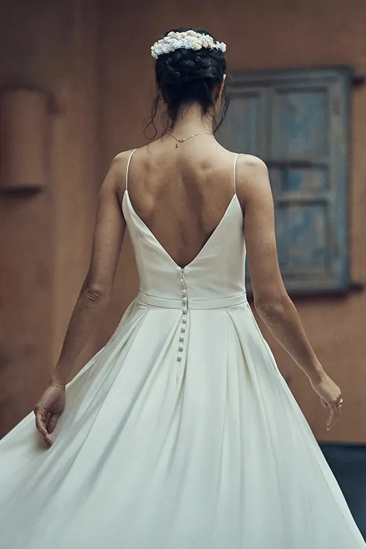 Casual Spaghetti Zippered Deep-V Back Tea Length Wedding Dress With Pockets-715782