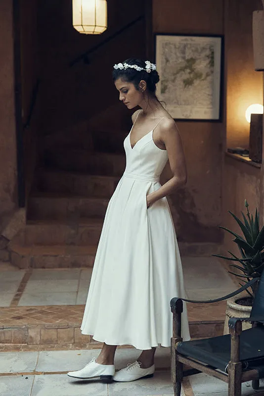 Casual Spaghetti Zippered Deep-V Back Tea Length Wedding Dress With Pockets-715782
