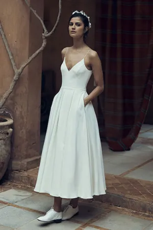 Casual Spaghetti Zippered Deep-V Back Tea Length Wedding Dress With Pockets-715782