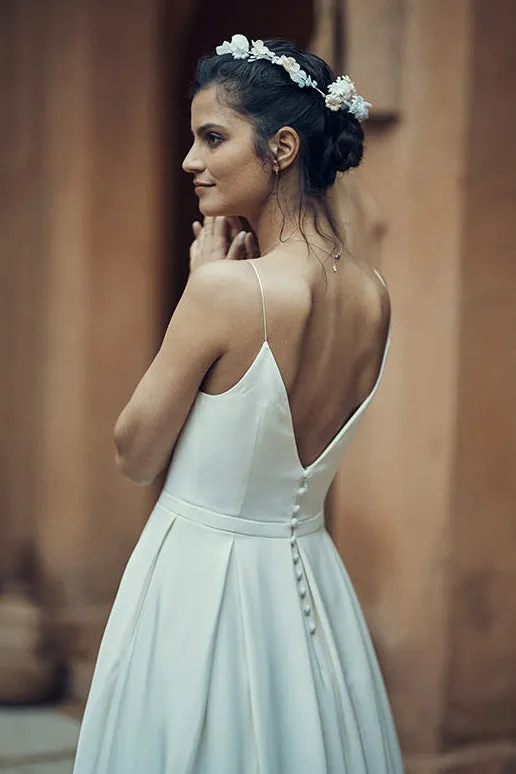 Casual Spaghetti Zippered Deep-V Back Tea Length Wedding Dress With Pockets-715782