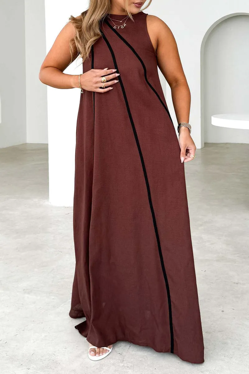 Casual Stripe Patchwork Contrast O Neck Sleeveless Dresses