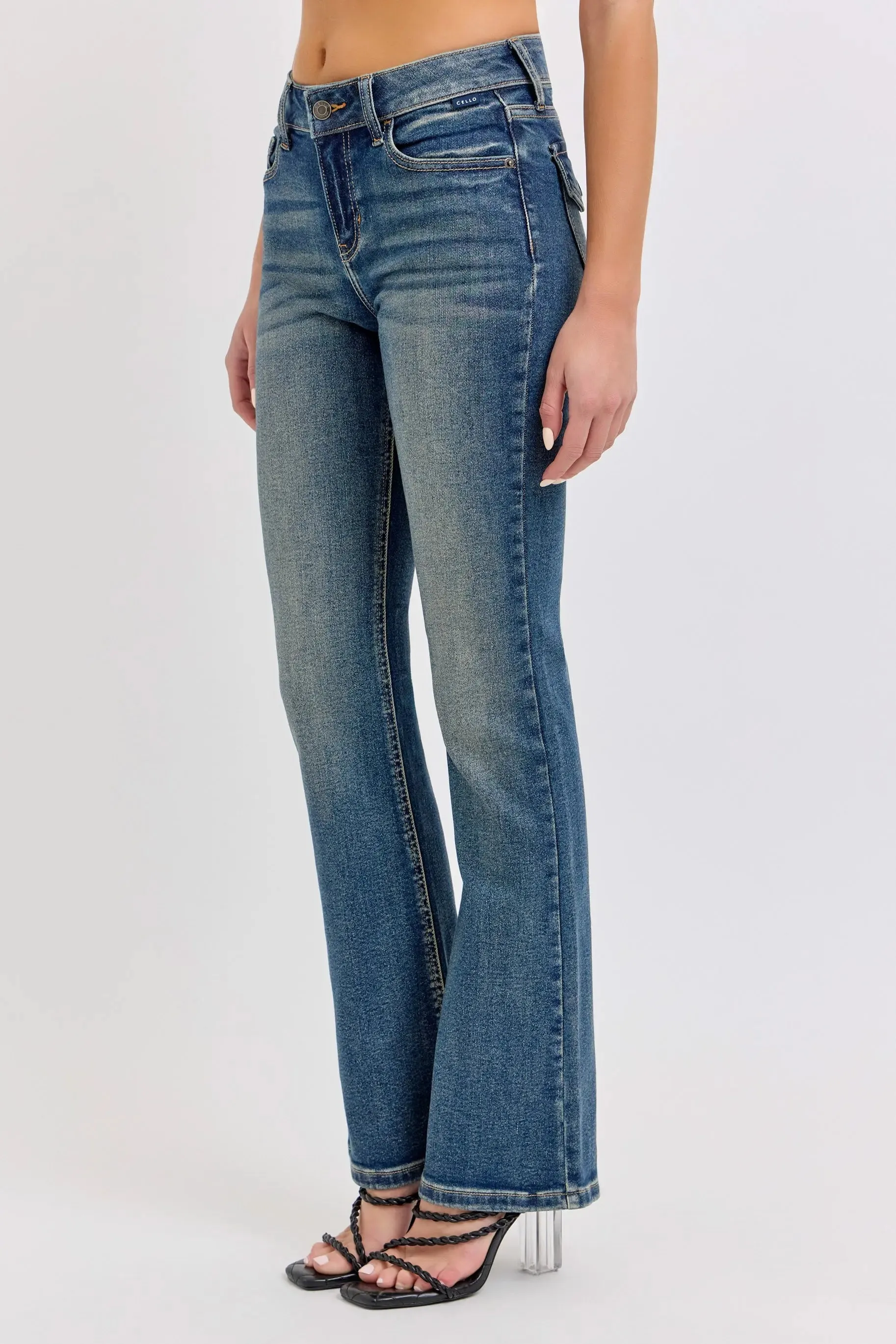Cello Jeans Mindy Mid Rise Bootcut Jeans – Flattering Dark Wash Denim with Distressed Details