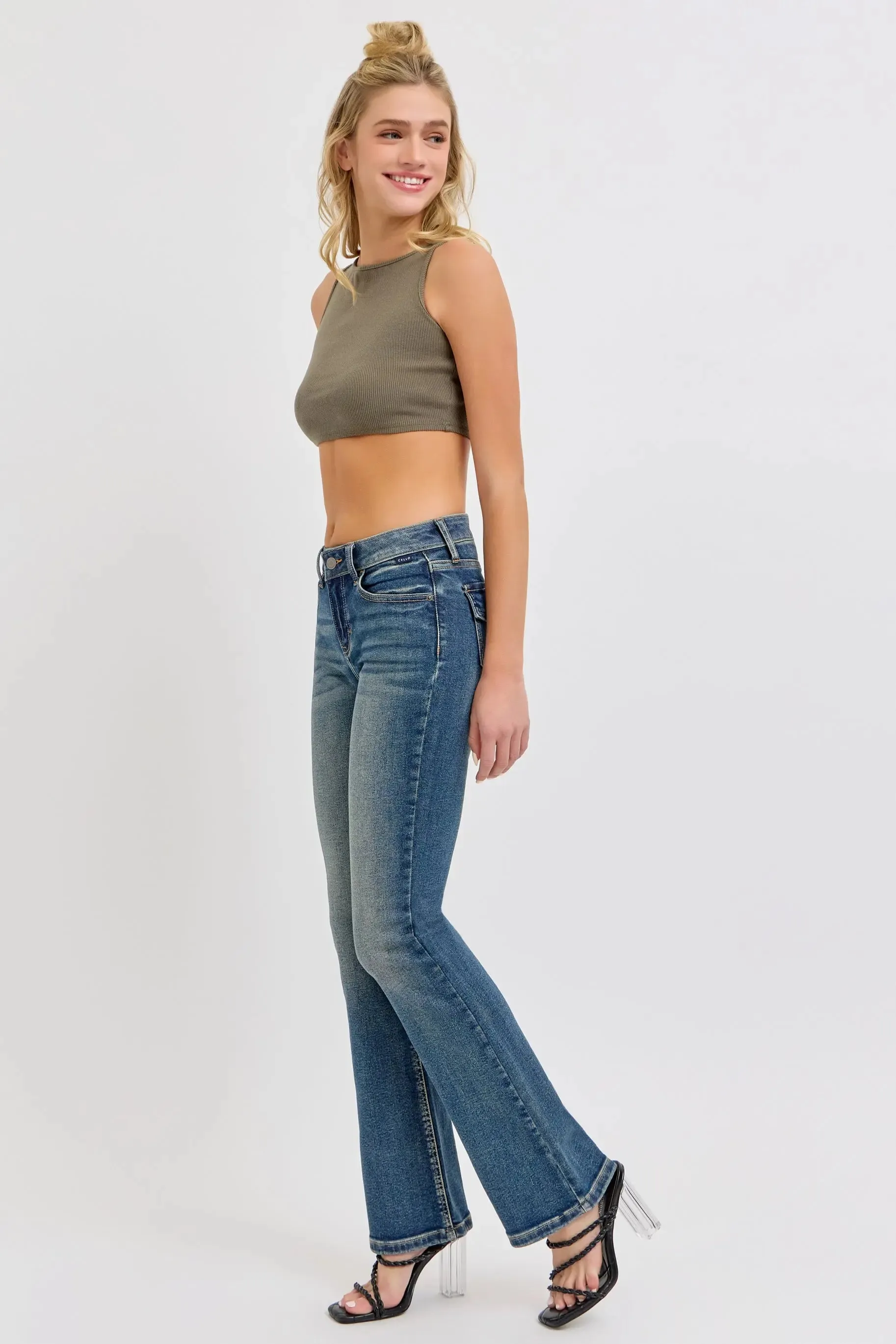 Cello Jeans Mindy Mid Rise Bootcut Jeans – Flattering Dark Wash Denim with Distressed Details