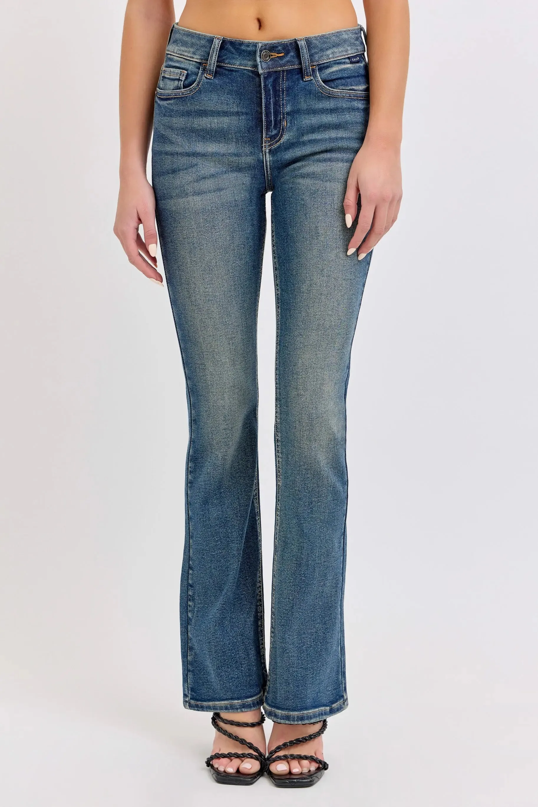 Cello Jeans Mindy Mid Rise Bootcut Jeans – Flattering Dark Wash Denim with Distressed Details